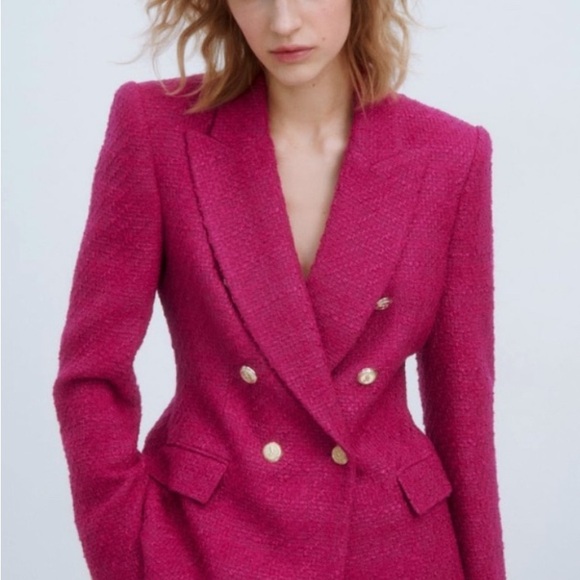 Zara Women's Bold Fuchsia Blazer with Gold Buttons - Picture 2 of 5